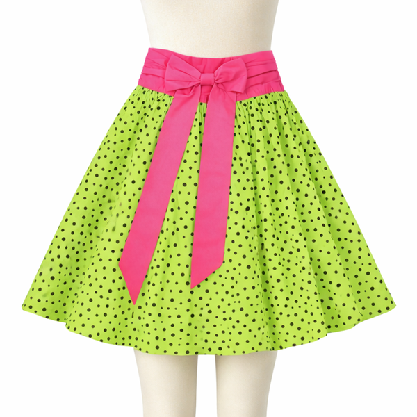 Lime Green Polka Dot Swing Skirt, green and black high-waisted swing skirt
