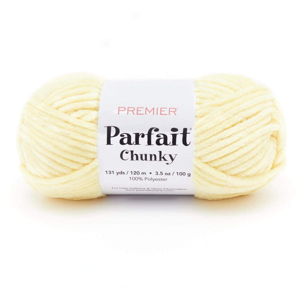 Premier Yarns Parfait Chunky yarn in Yellow, a super bulky chenille skein
