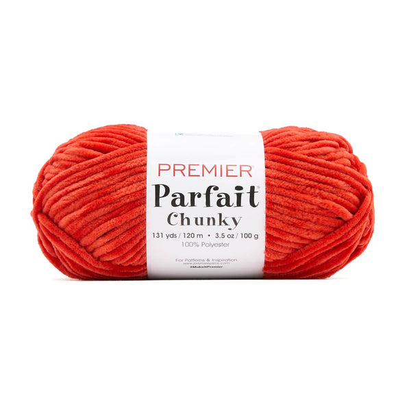 Premier Yarns Parfait Chunky yarn in Pumpkin, a super bulky chenille skein