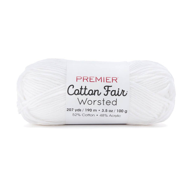 Premier Yarns Cotton Fair Worsted yarn in White, a worsted-weight cotton-blend skein