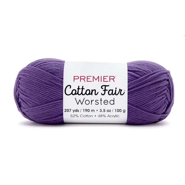 Premier Yarns Cotton Fair Worsted yarn in Grape, a worsted-weight cotton-blend skein