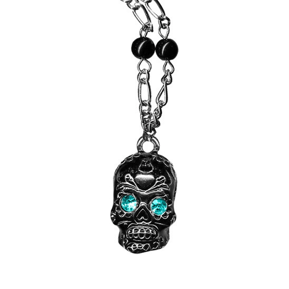 Aqua Blue Rhinestone Sugar Skull Pendant Necklace