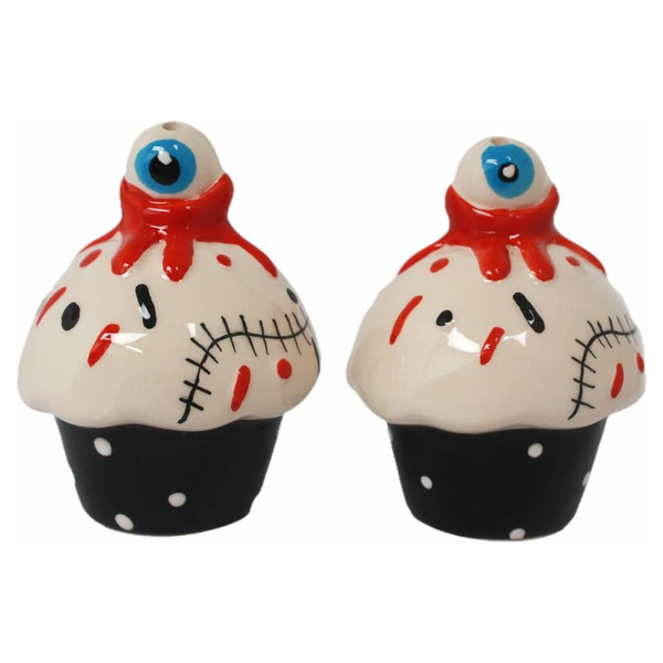 Bloody Cupcake Salt & Pepper Shakers, ceramic cupcake shakers with red drips