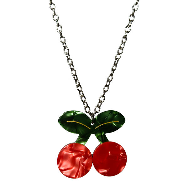 Layered Cherry Necklace, stacked acrylic cherry pendants on a metal chain