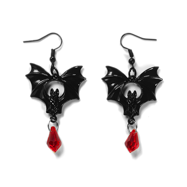 Crystal Bat Drop Earrings in red, bats with red crystal accents