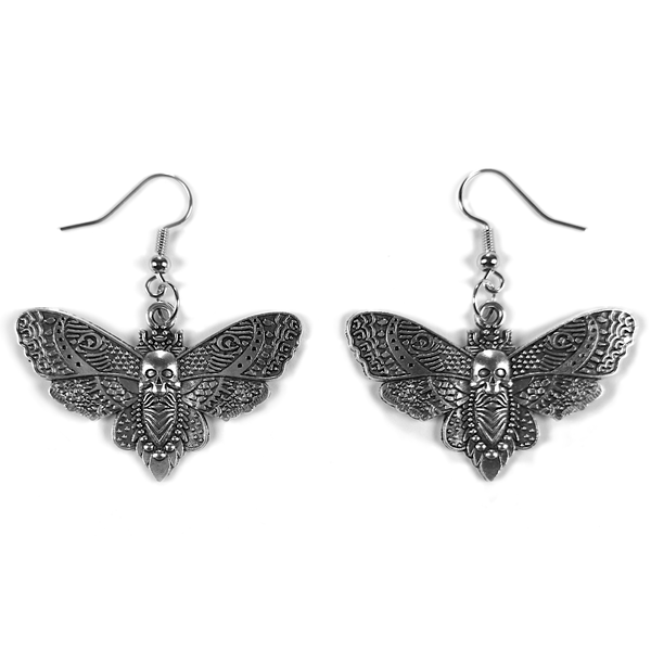 Hollow-Wing Death's-Head Moth Earrings, thin silver-tone skull-moth dangle earrings with hollowed-out backs, on fish-hook wires