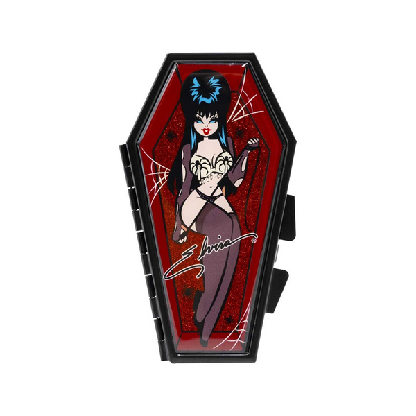 Elvira Spider Red Glitter Coffin Compact, coffin-shaped compact mirror with red glitter spider art