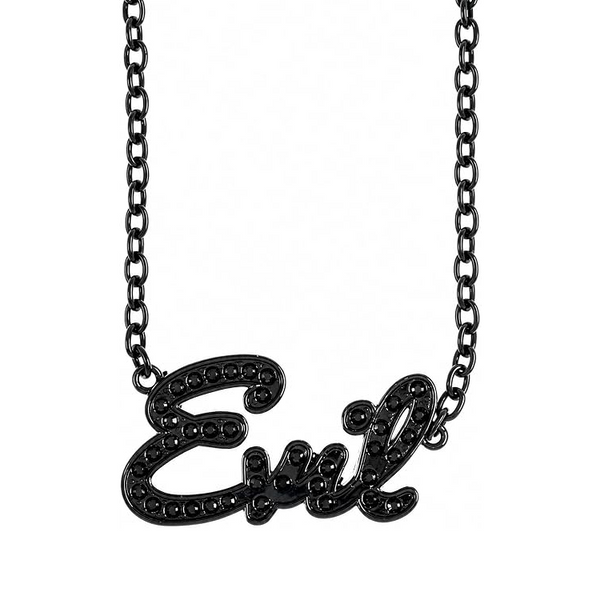"Evil" Black Rhinestone Necklace, black rhinestone script pendant