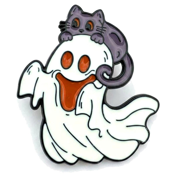 Cat on Ghost enamel pin — Spooky Stitchcrafts