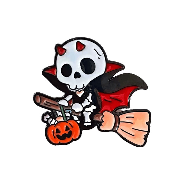 Skeleton on Broomstick enamel pin — Spooky Stitchcrafts