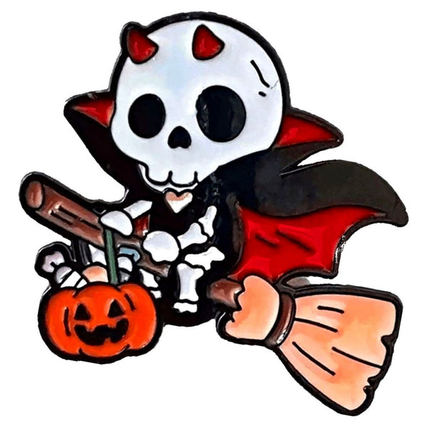 Skeleton on Broomstick enamel pin — Spooky Stitchcrafts