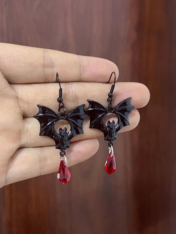 Crystal Bat Drop Earrings (Red)