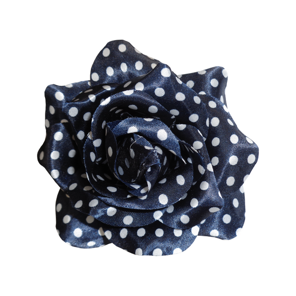 Navy Polka Dot Rose Hair Clip, navy satin rose with white polka dots on an alligator clip