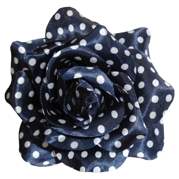 Navy Polka Dot Rose Hair Clip, navy satin rose with white polka dots on an alligator clip