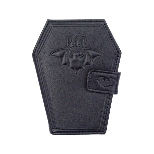 RIP Bat Embossed Coffin Wallet, coffin-shaped wallet with embossed RIP bat design
