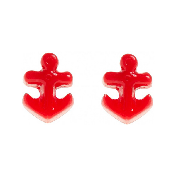 Red Anchor Earrings, small red anchor post earrings on a black card