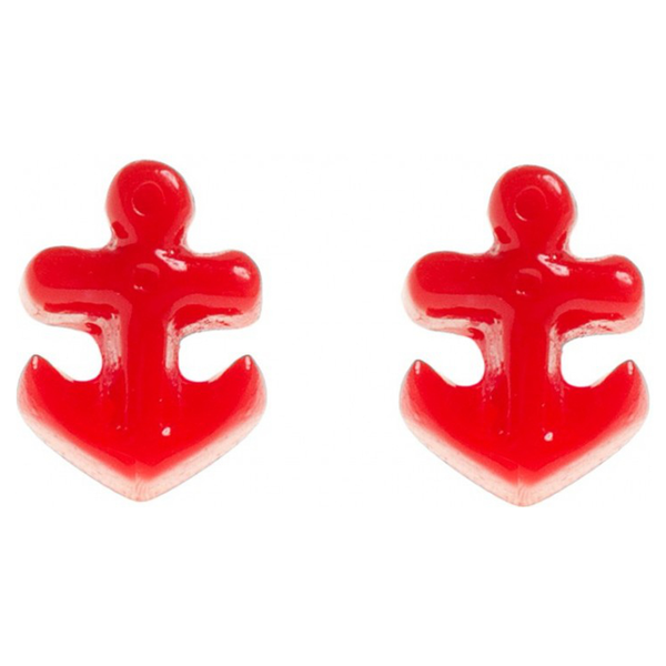 Red Anchor Earrings, small red anchor post earrings on a black card