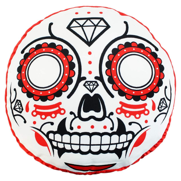 Red Sugar Skull Round Throw Pillow