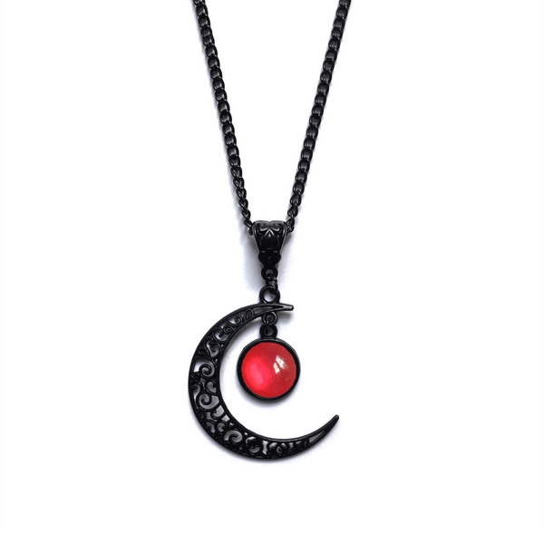 Widow's Moon Marrow Bloodmarrow necklace, black filigree crescent moon with deep blood-red orb