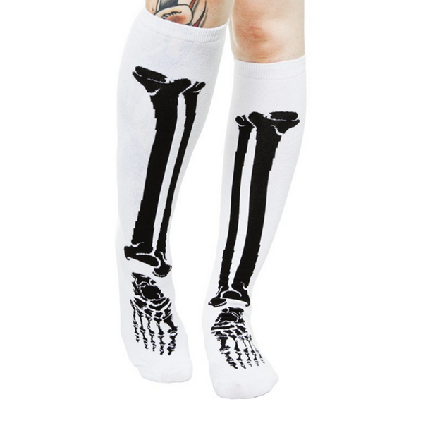 Skeleton Bones Knee High Socks, white knee socks printed with black skeleton bones