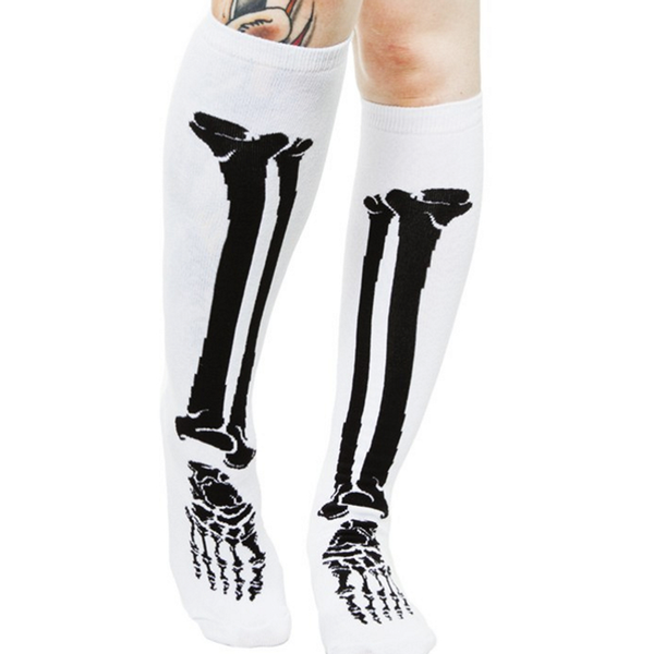 Skeleton Bones Knee High Socks, white knee socks printed with black skeleton bones