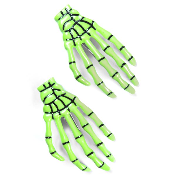 Green skeleton hand hair clip, front view