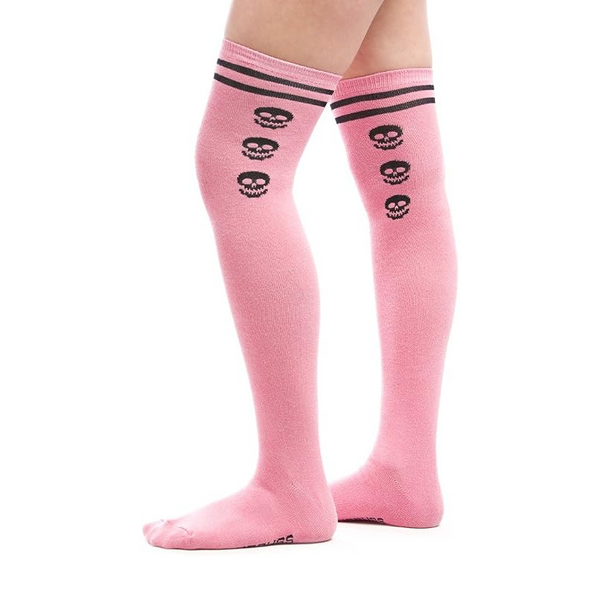 Pink & Black Varsity Skull Thigh High Socks
