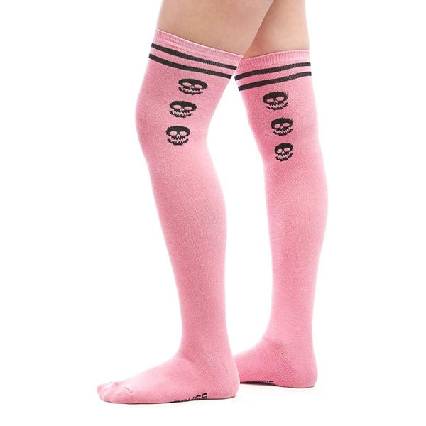 Pink & Black Varsity Skull Thigh High Socks