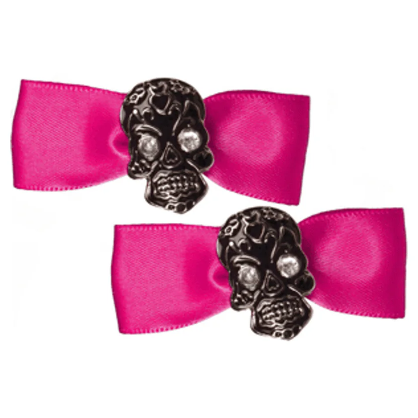 Pink Satin Bow Skull Gem Barrettes