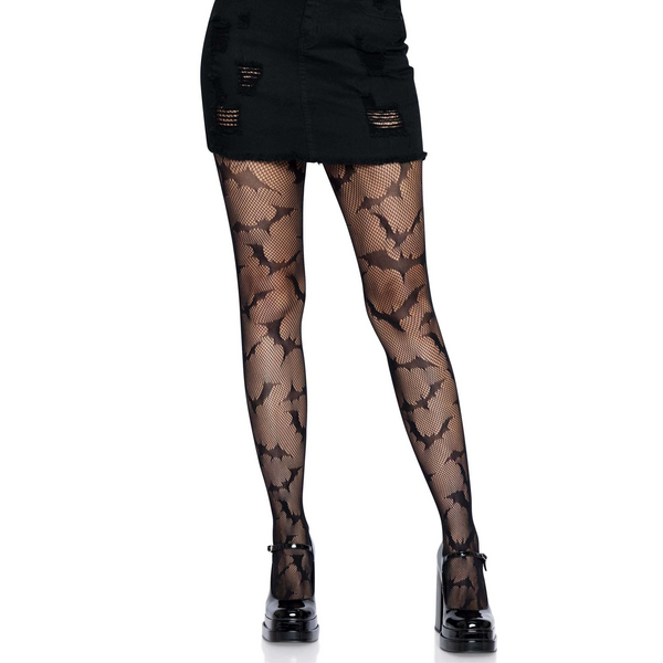 Bat Net Tights, black fishnet woven with a Halloween bat pattern