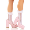 Sweetheart Lace Ankle Socks in white with lace ruffle cuffs, woven hearts and mini bows
