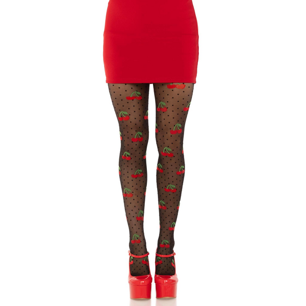 Cherry Pie Dotted Tights, sheer black pantyhose with polka dots and cherries
