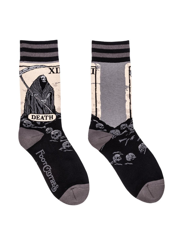 Death Tarot Card Crew Socks flat-lay showing the Death tarot card design
