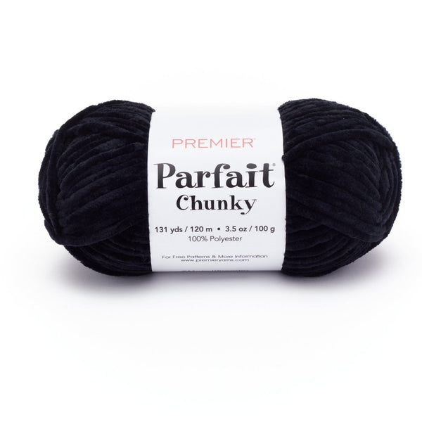 Premier Yarns Parfait Chunky yarn in Black, a super bulky chenille skein