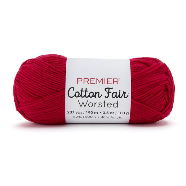 Premier Yarns Cotton Fair Worsted yarn in Red, a worsted-weight cotton-blend skein