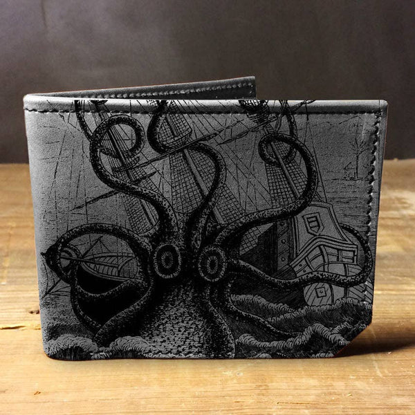 Octopus Attacks Wallet, slim leather wallet with a giant octopus