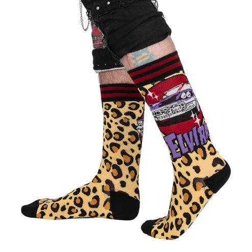 Elvira Macabre Mobile Crew Socks worn on model, left view