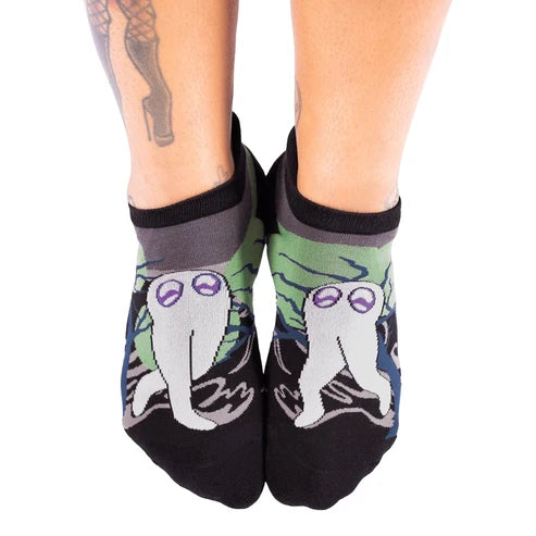 Cute Fresno Nightcrawler Ankle Socks worn on model, front view