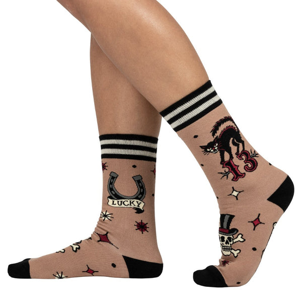 Superstitious Ink Crew Socks model left