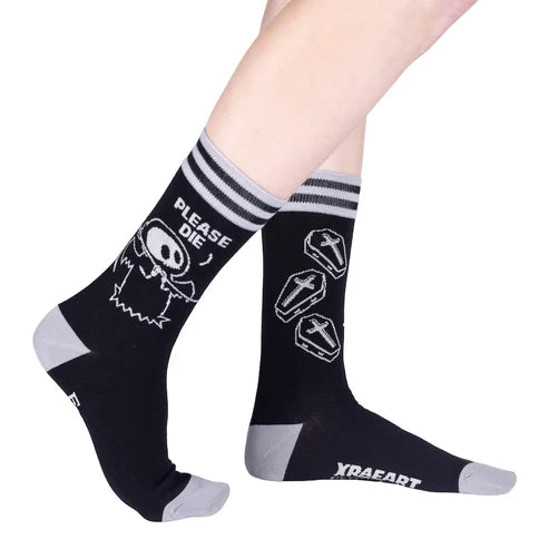 Please Die Crew Socks worn on model, right side view