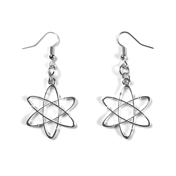 Atomic Drop Earrings — silver-tone atom symbol dangle earrings in alloy and stainless steel
