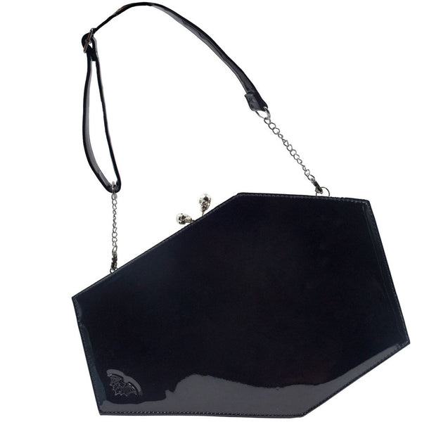 Skull Kiss Lock Deluxe Patent Coffin Handbag