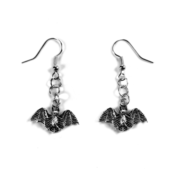 Bat Dangle Earrings, silver-tone filigree bat charms on fish-hook wires