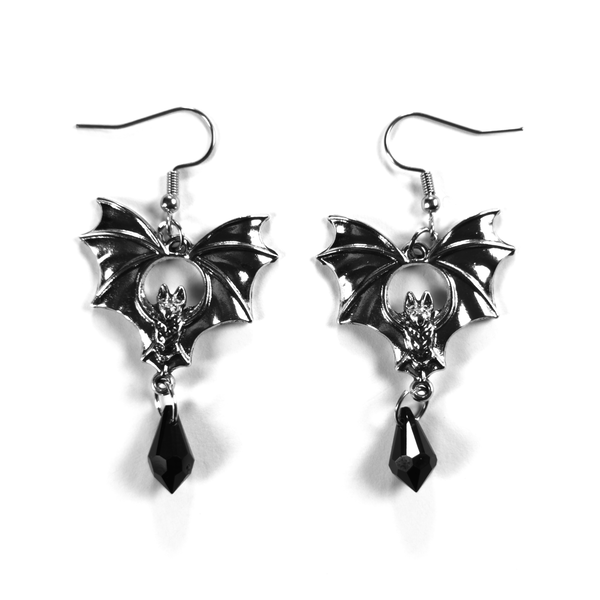 Bat Drop Earrings in silver-tone, bats on fish-hook wires