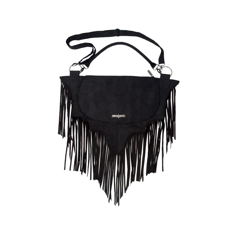 Bat Wing Fringe Shoulder Bag in vegan suede with long fringe