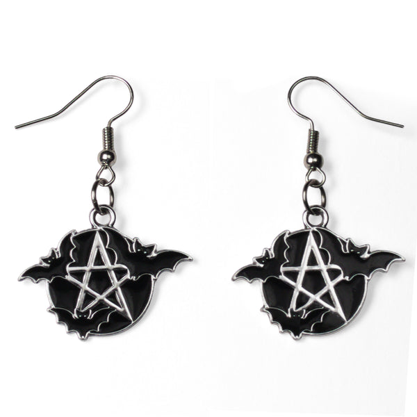 Black enamel bat and silver pentacle gothic drop earrings