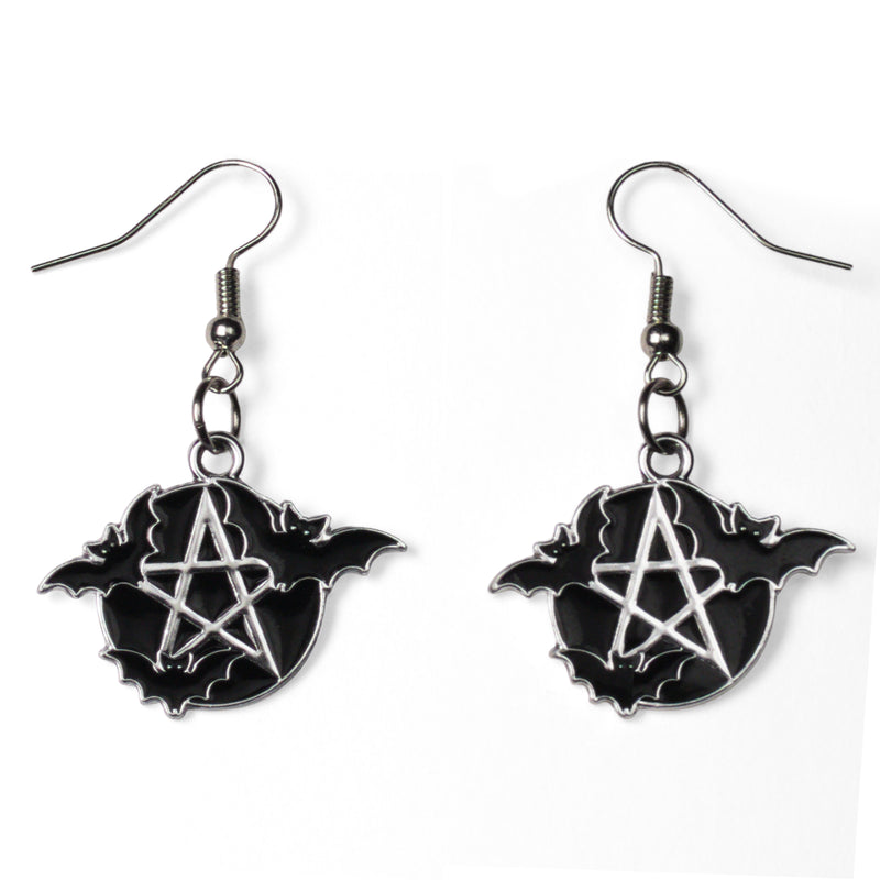 Black enamel bat and silver pentacle gothic drop earrings