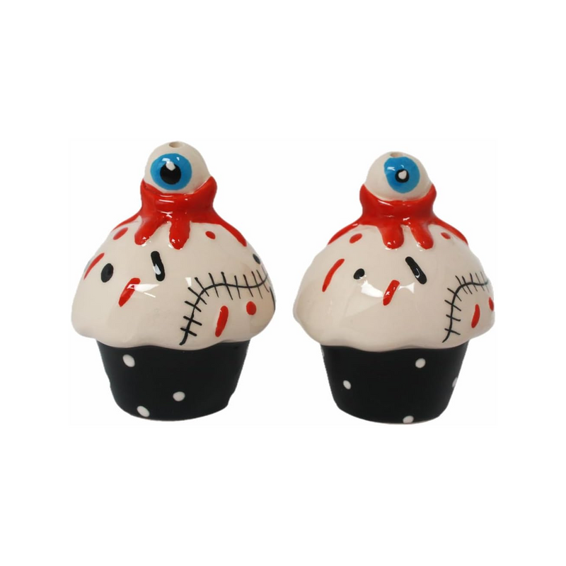 Bloody Cupcake Salt & Pepper Shakers, ceramic cupcake shakers with red drips