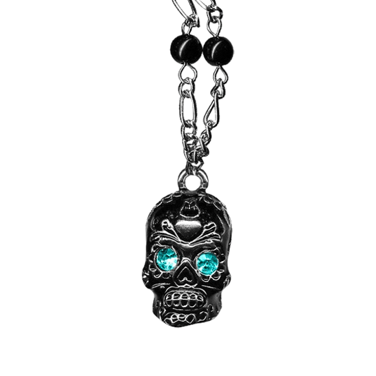 Aqua Blue Rhinestone Sugar Skull Pendant Necklace