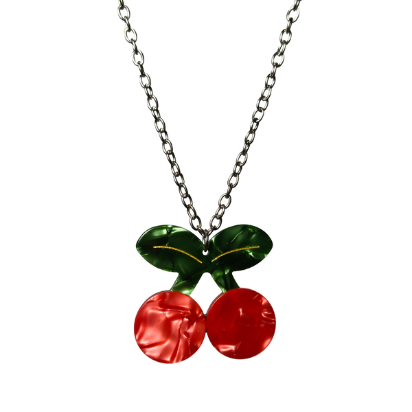Layered Cherry Necklace, stacked acrylic cherry pendants on a metal chain